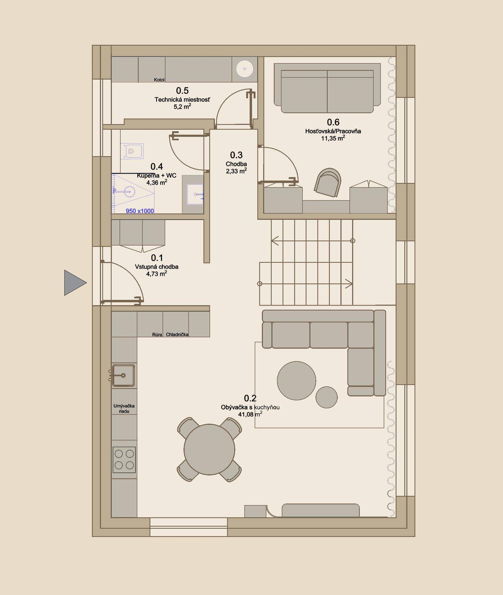 Grundriss des Erdgeschosses mit offenem Wohnbereich, Küche, Bad und Gästezimmer.