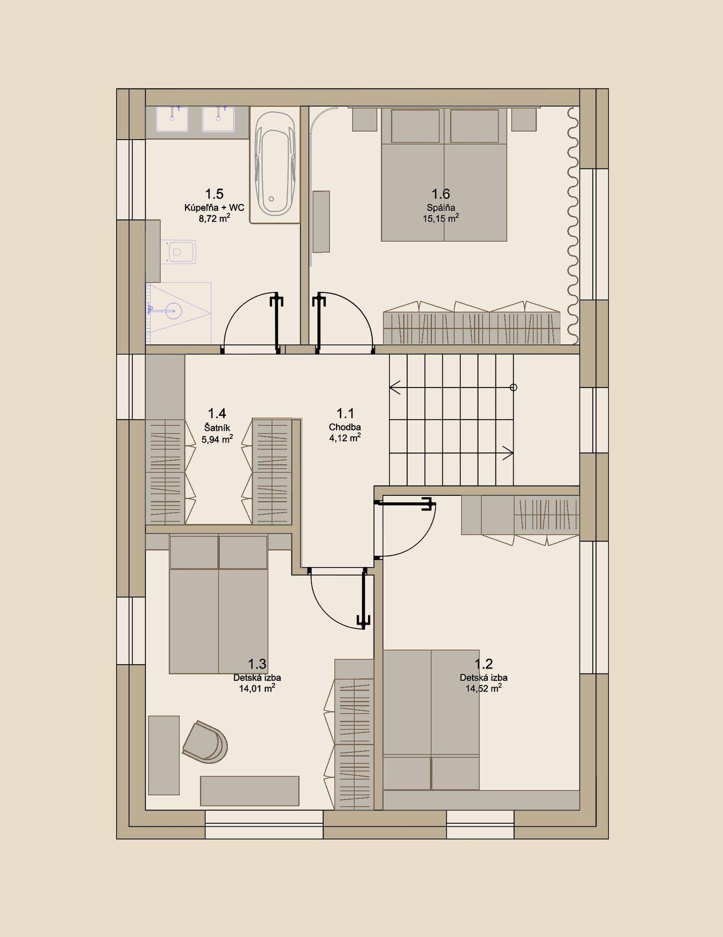 Grundriss des Obergeschosses mit drei Schlafzimmern, einem Badezimmer und Flur.