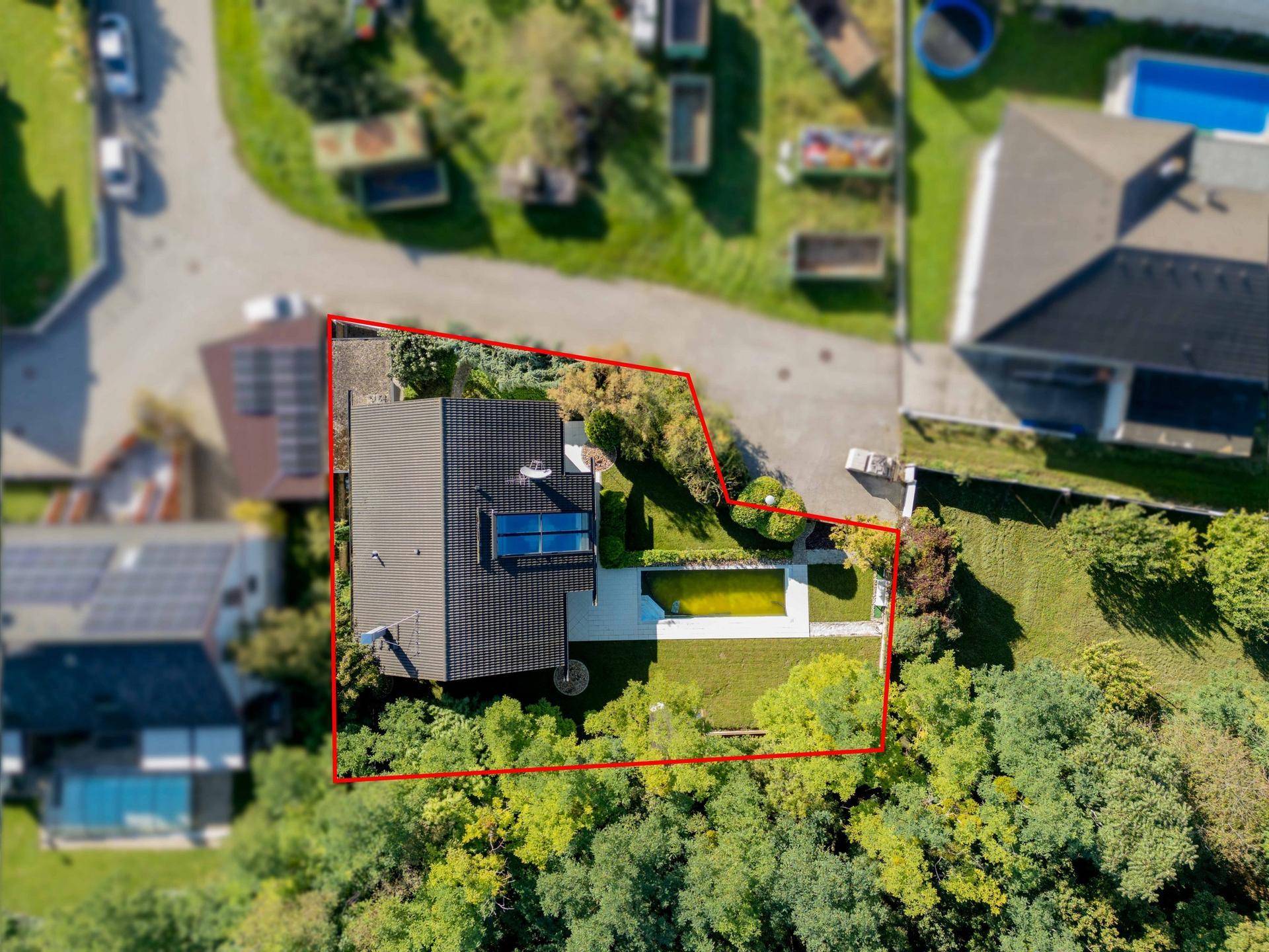 Luftaufnahme des Anwesens mit Pool und Garten, umgeben von Bäumen und Nachbarhäusern.