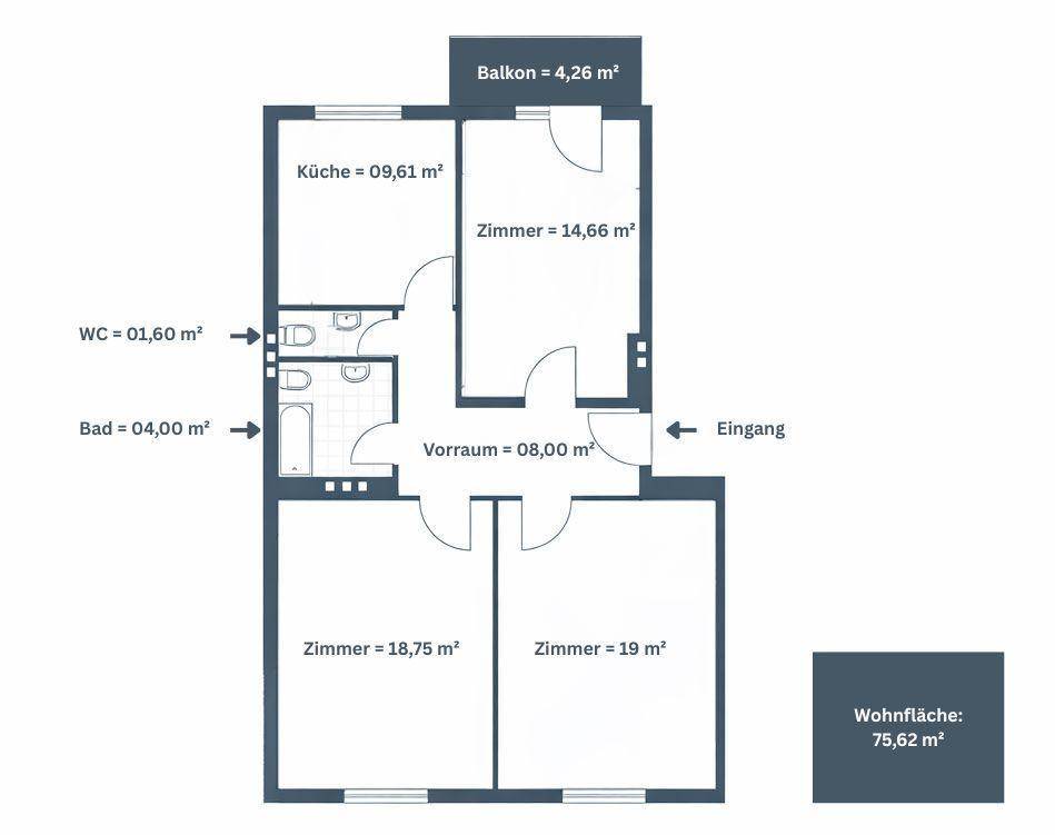 Grundriss zeigt eine 75,62 m² Wohnung mit drei Zimmern, Küche, Bad und Balkon.