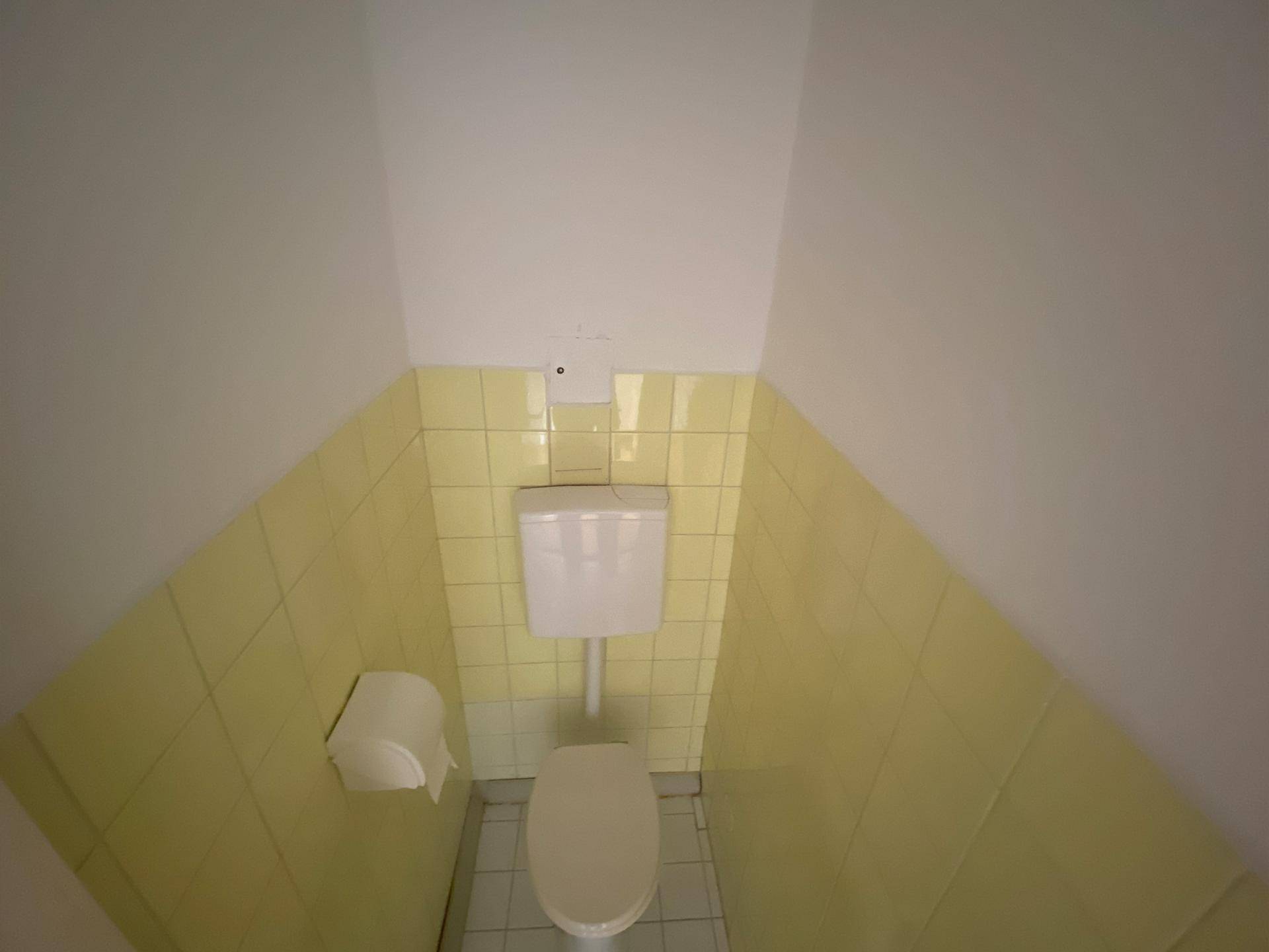 Separate Toilette mit gelben Fliesen und einfacher Ausstattung.