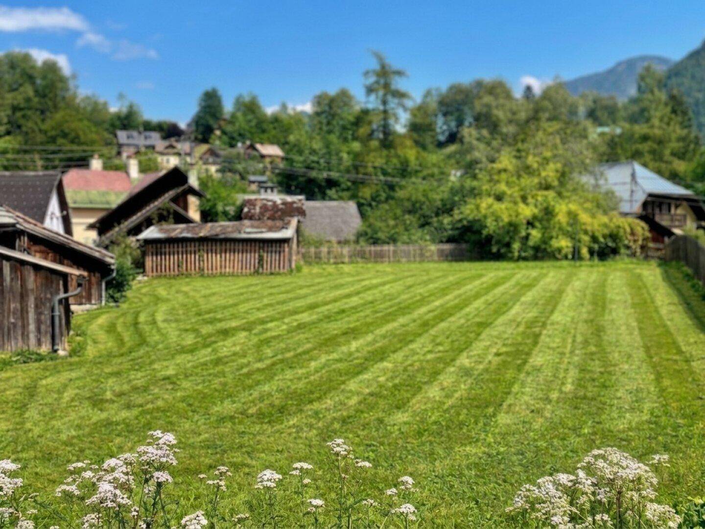 Große, gepflegte Rasenfläche mit ländlicher Umgebung und traditionellen Gebäuden im Hintergrund.