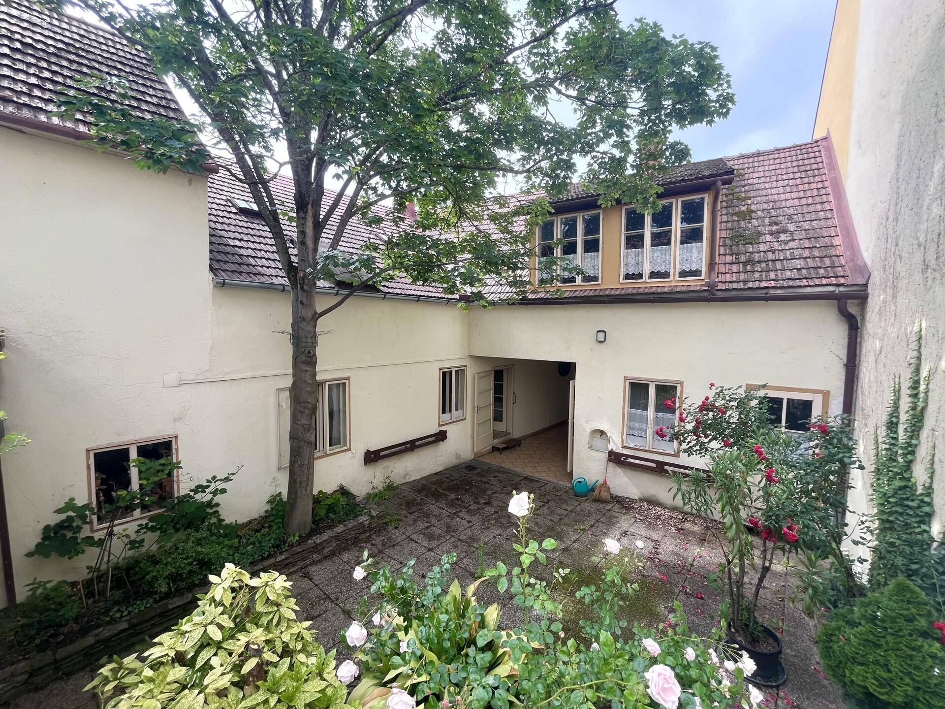 Ruhiger Innenhof mit gepflastertem Bereich, Rosenbüschen und einem alten Baumbestand.