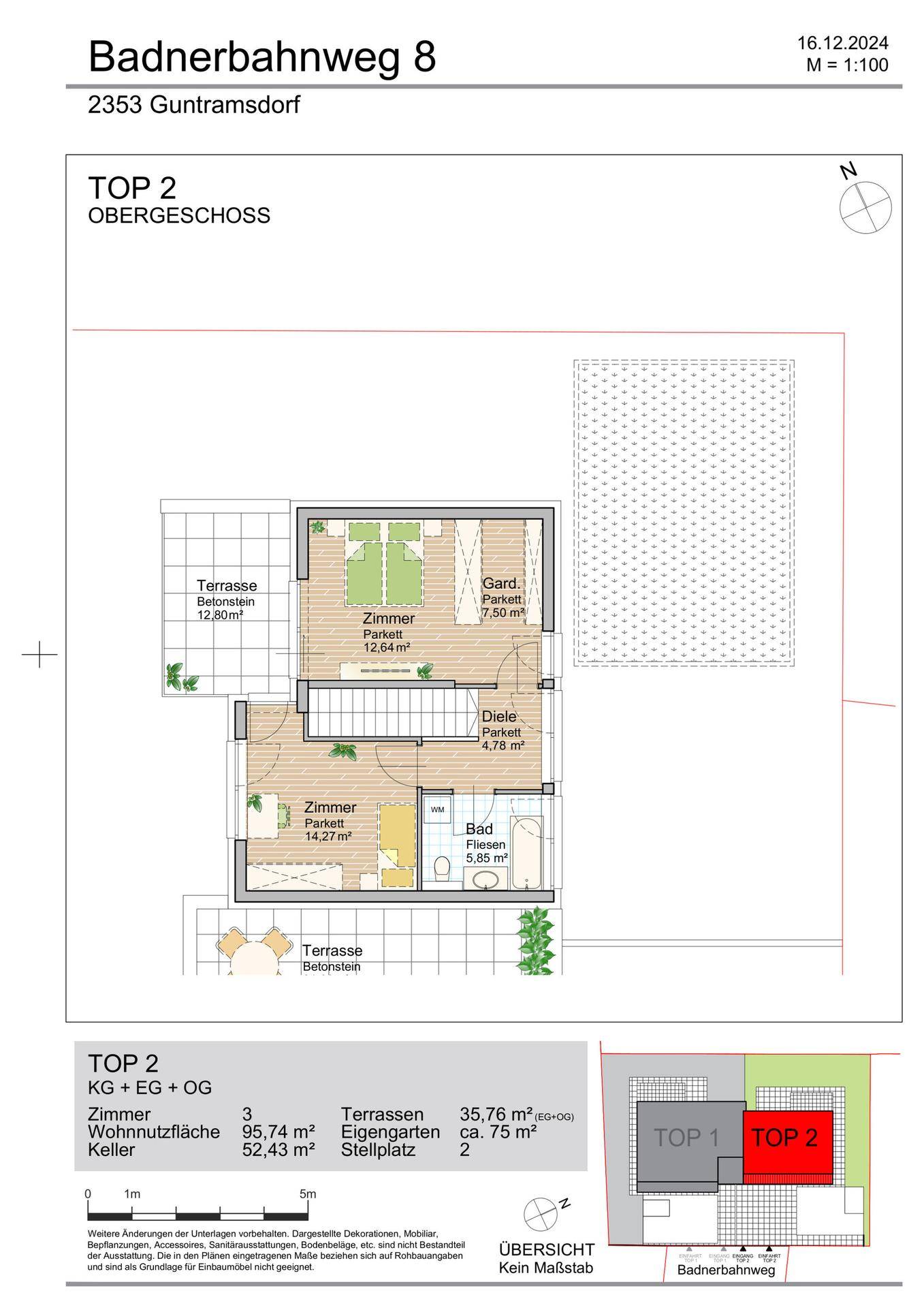 Grundriss des Obergeschosses mit Schlafzimmern, Badezimmer und zwei Terrassen.