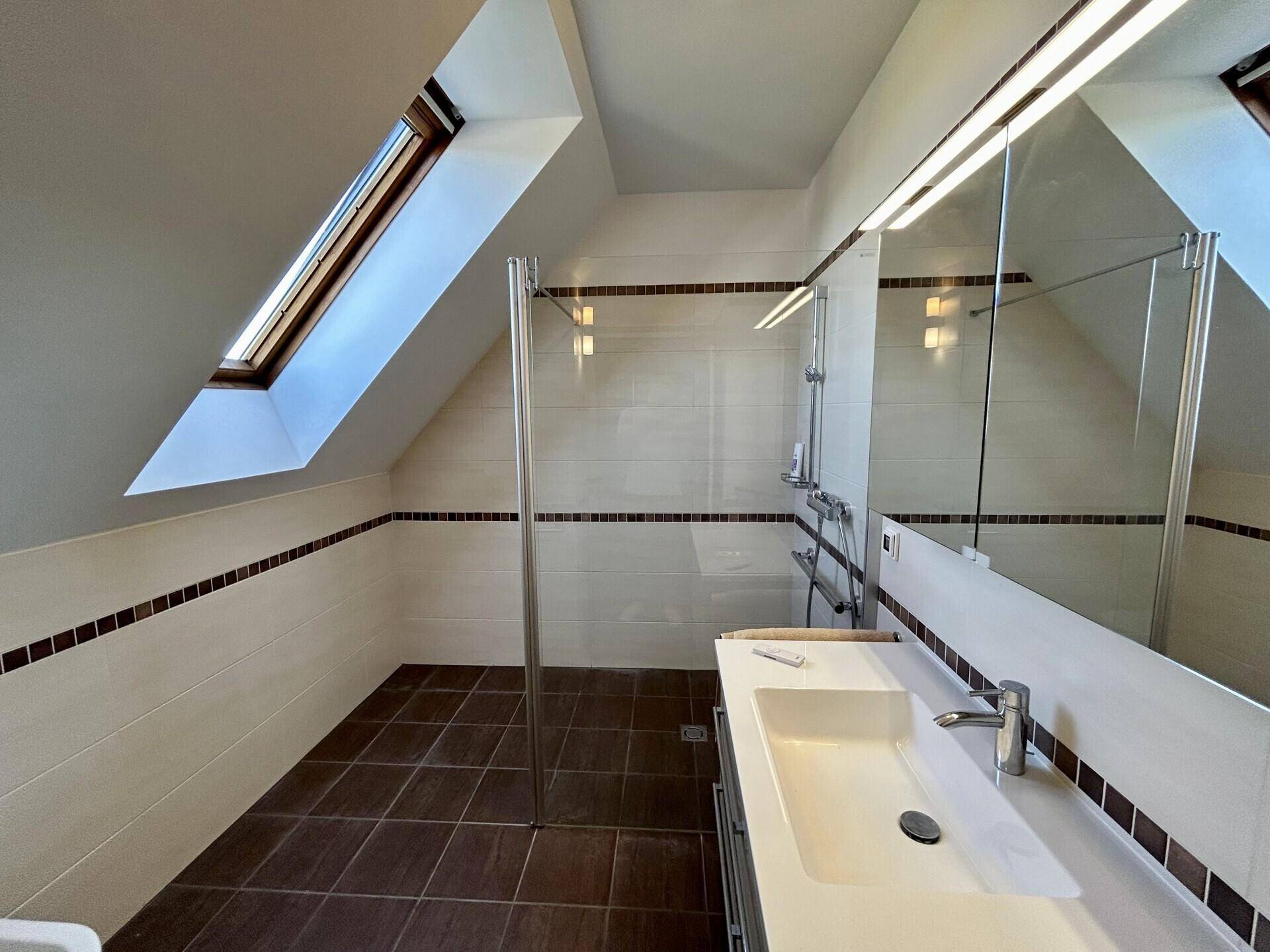 Modernisiertes Badezimmer mit Dachfenster, begehbarer Dusche und großem Waschtisch.