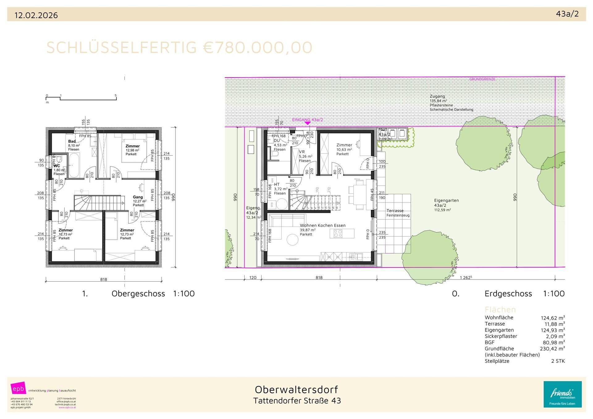 Grundriss für Haustyp 43a/2 mit Erdgeschoss und Obergeschoss, inklusive Garten und Terrasse.