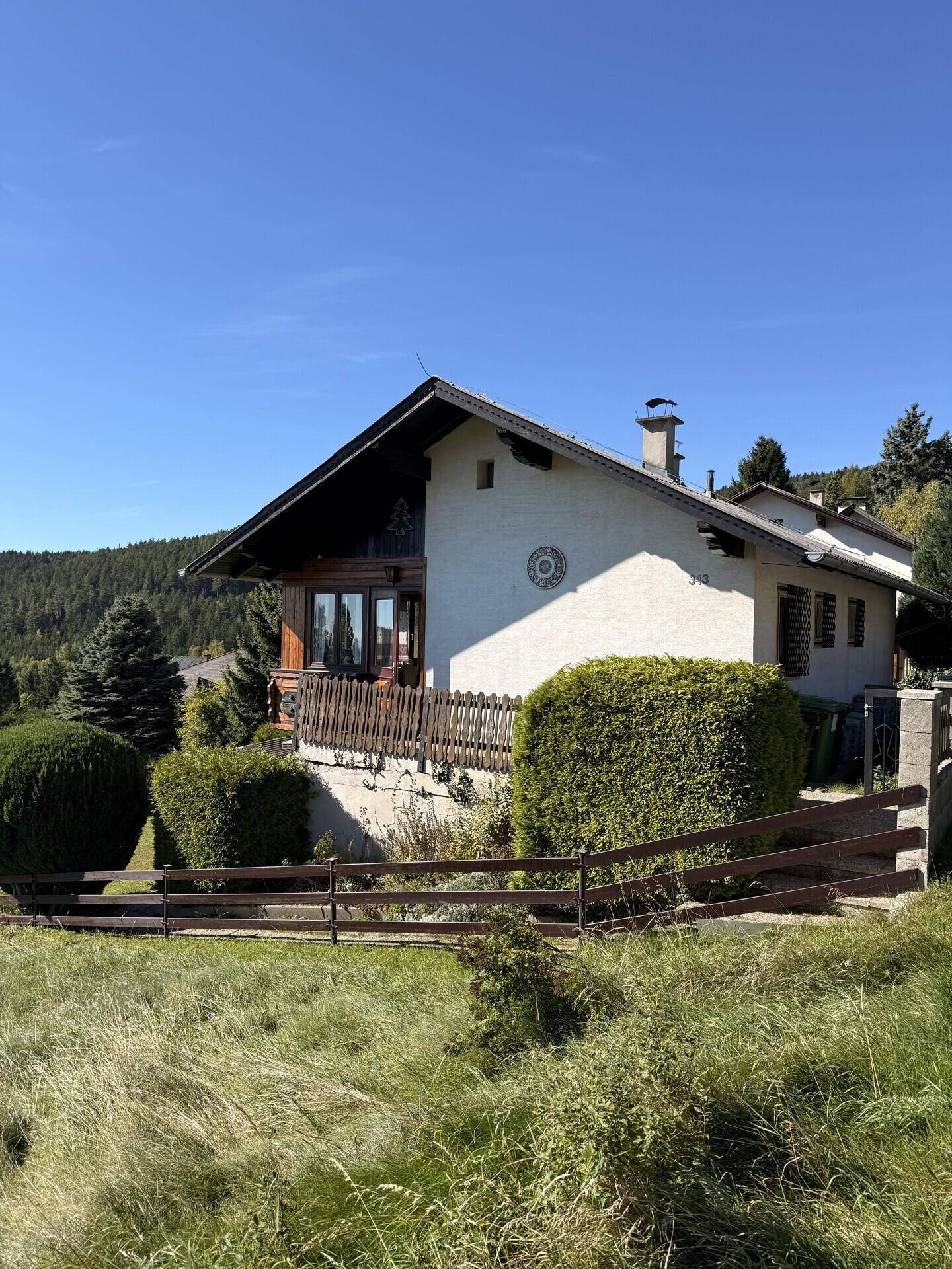 Seitenansicht des Hauses mit weißer Fassade, kleinen Fenstern und grüner Bepflanzung.