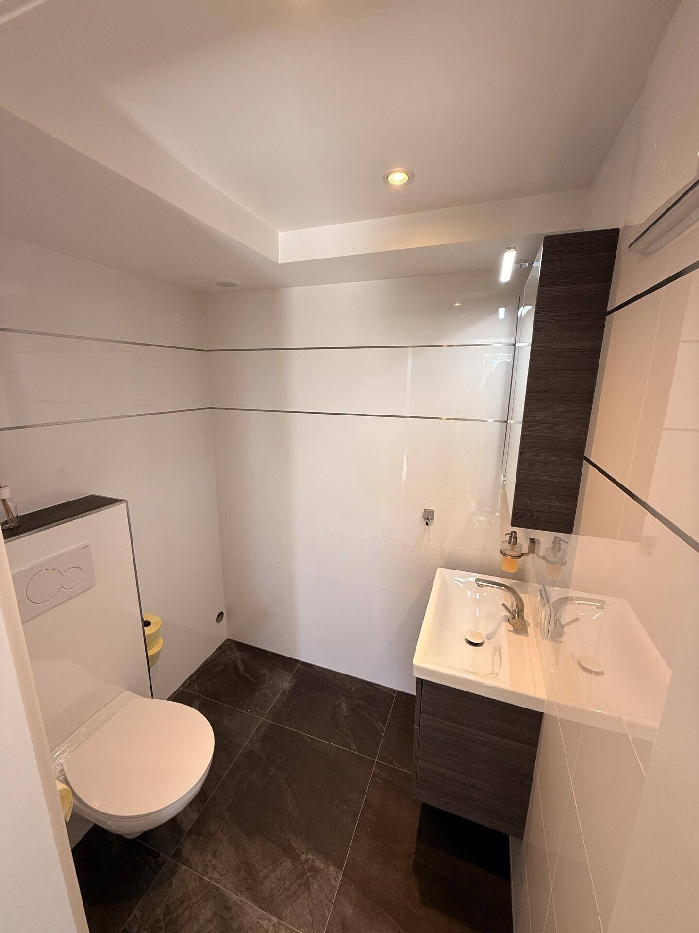 Kleines Gäste-WC mit wandhängender Toilette und modernem Einzelwaschbecken.
