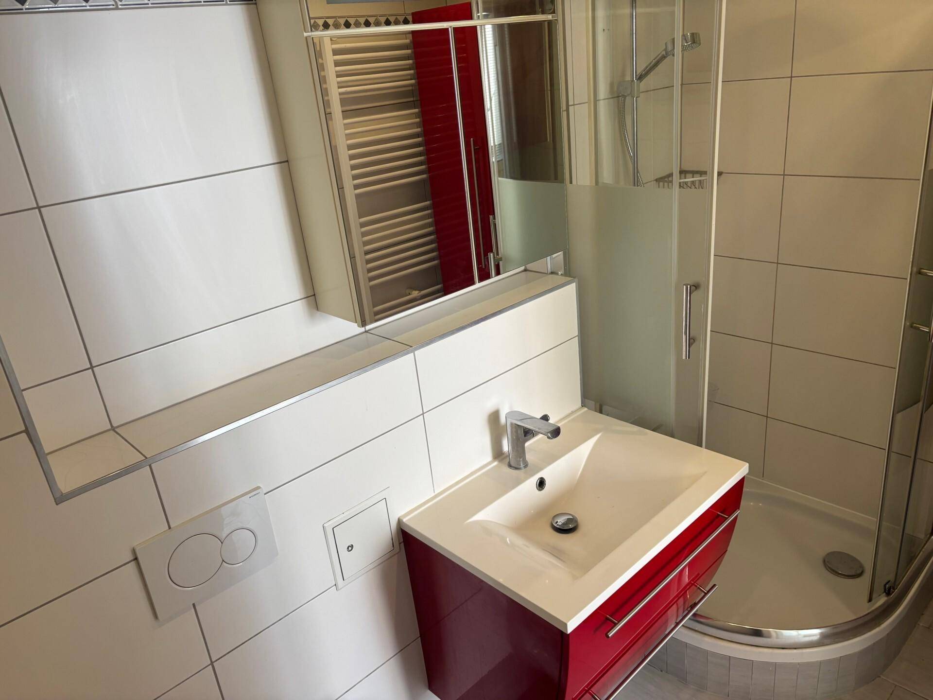 Modernes Badezimmer mit Duschkabine, Waschbecken und beheiztem Handtuchhalter.