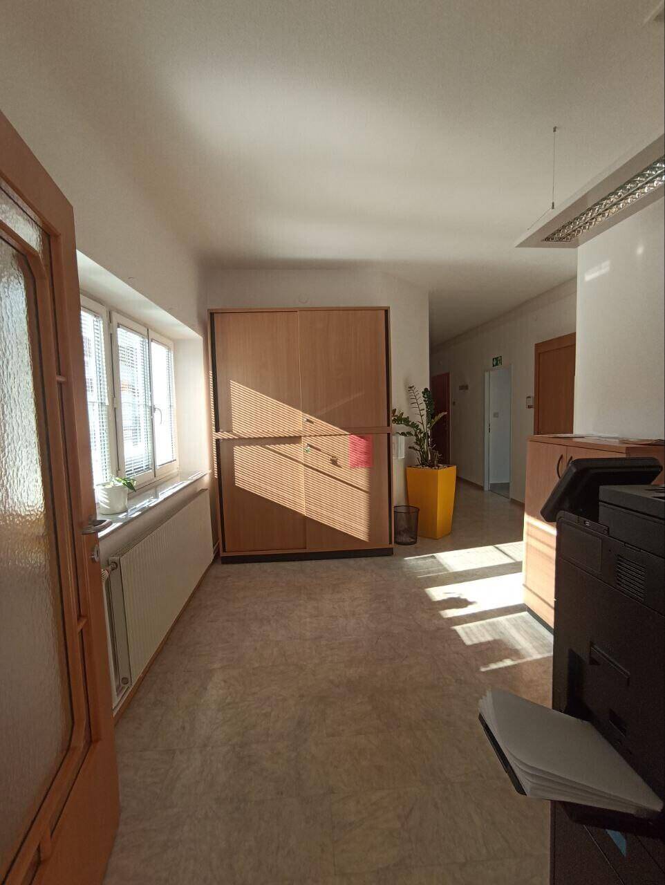 Langer Flur oder Bürobereich mit großem Holzschrank, Fenster und Drucker.