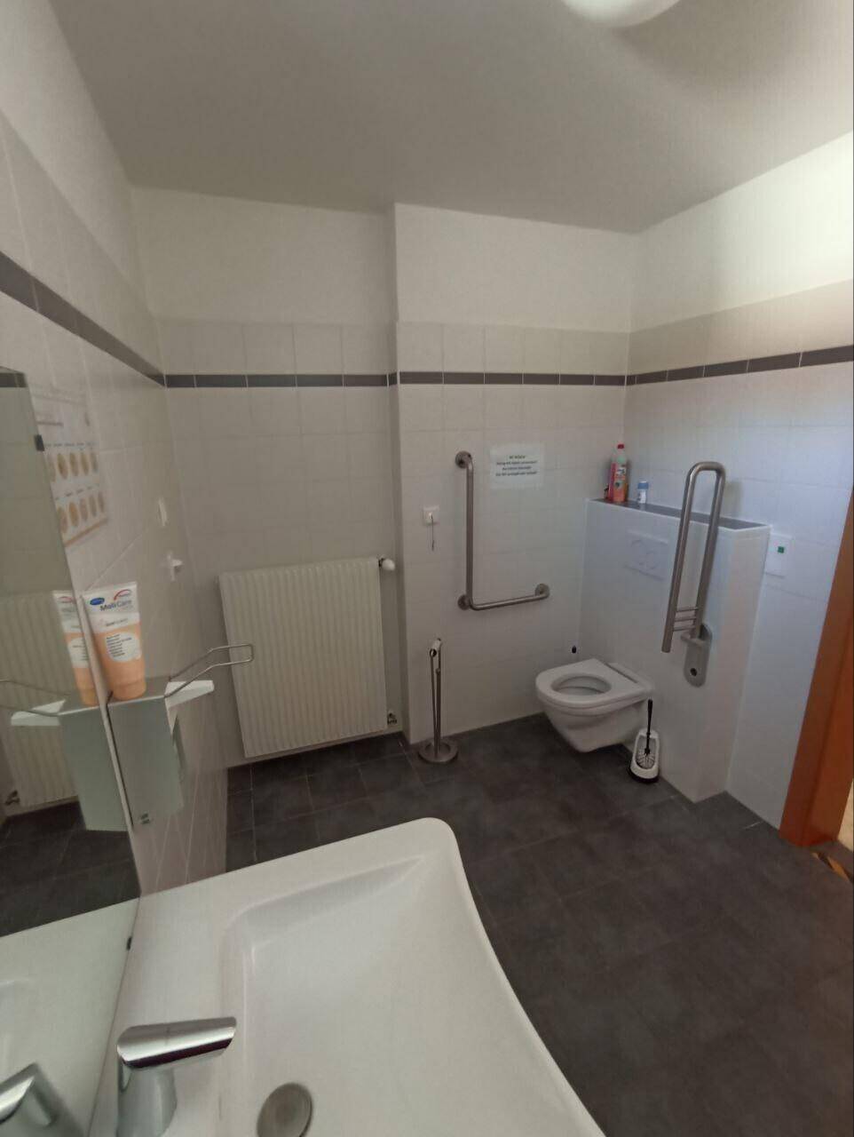 Barrierefreies Badezimmer mit Waschbecken, Toilette und Haltegriffen.