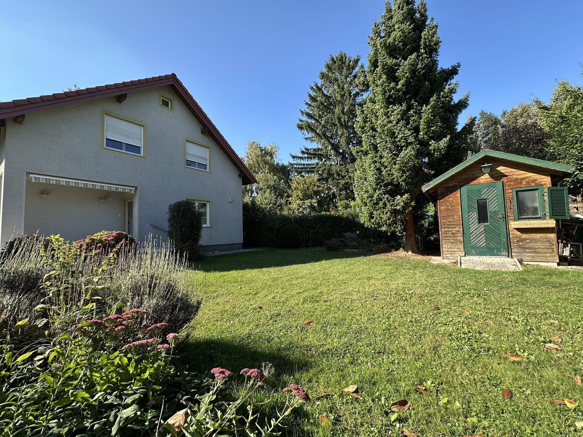 Rückansicht des Hauses mit einem Holzschuppen und weitläufigem, grünem Gartenbereich.