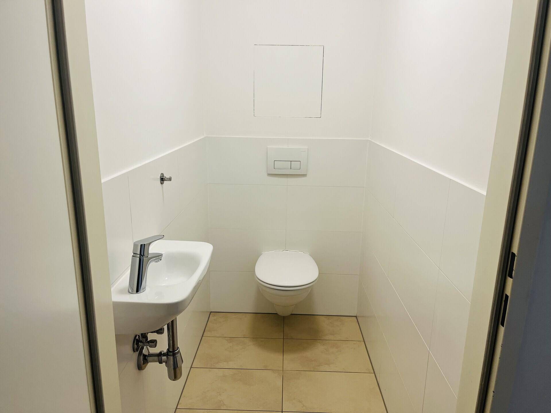 Modernes Gäste-WC mit wandhängender Toilette und kleinem Waschbecken.