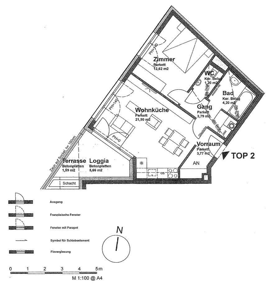 Detaillierter Grundriss der Wohnung mit Wohnküche, Zimmer und Terrasse/Loggia.