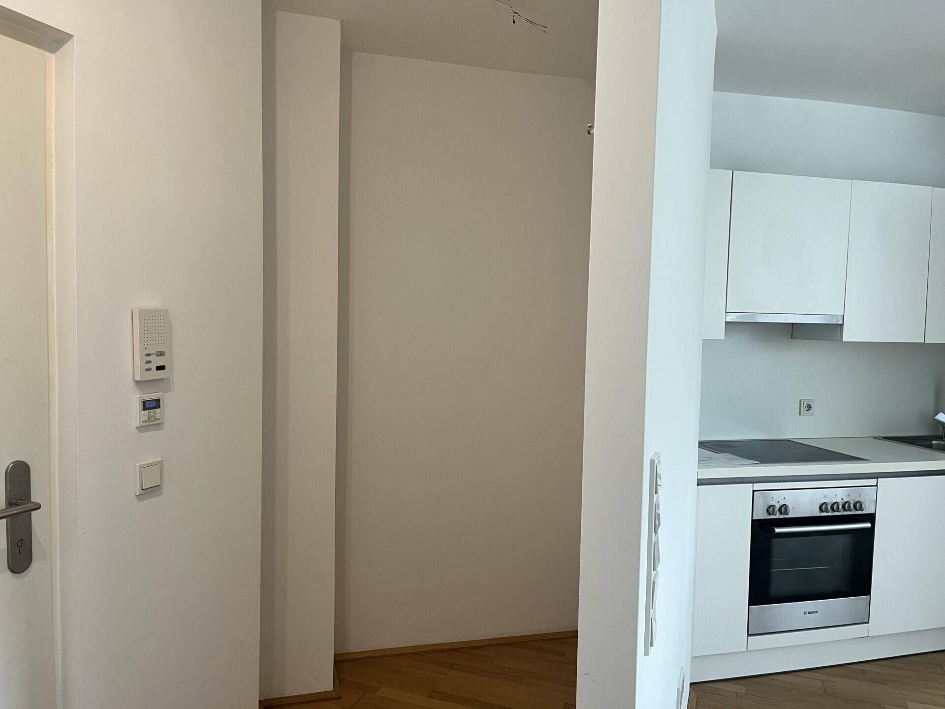 Eingangsbereich mit Blick auf die integrierte Küche und den Parkettboden.