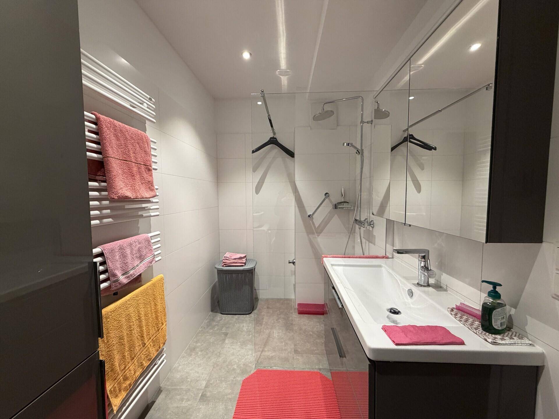 Modernes Badezimmer mit Dusche, Einzelwaschbecken, beheiztem Handtuchhalter und Spiegelschrank.