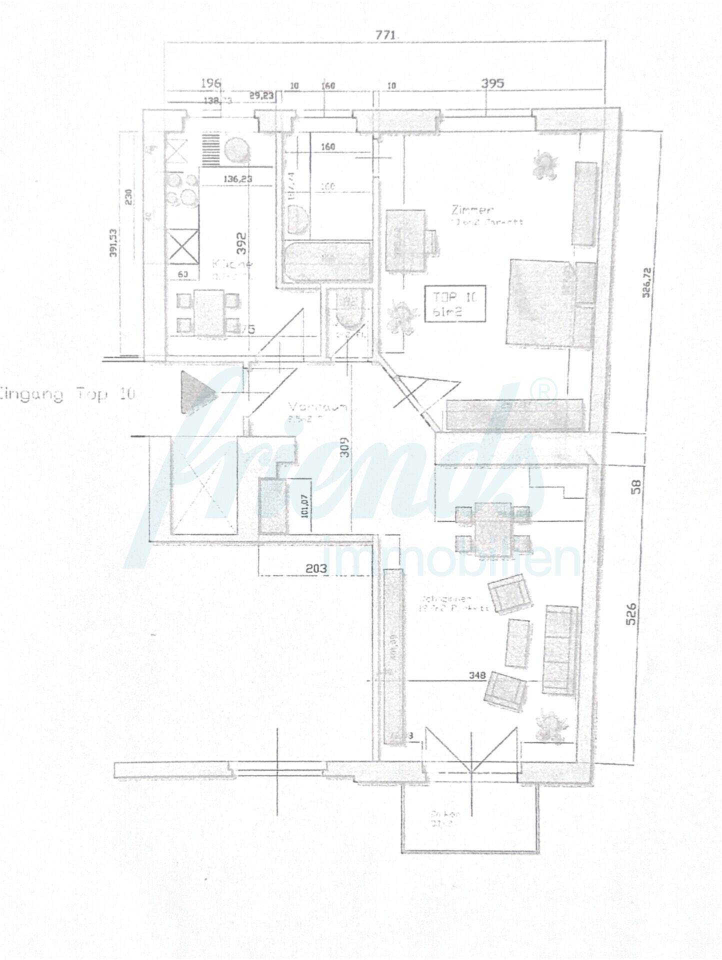 Grundriss der Wohnung mit Raumaufteilung und Maßen.