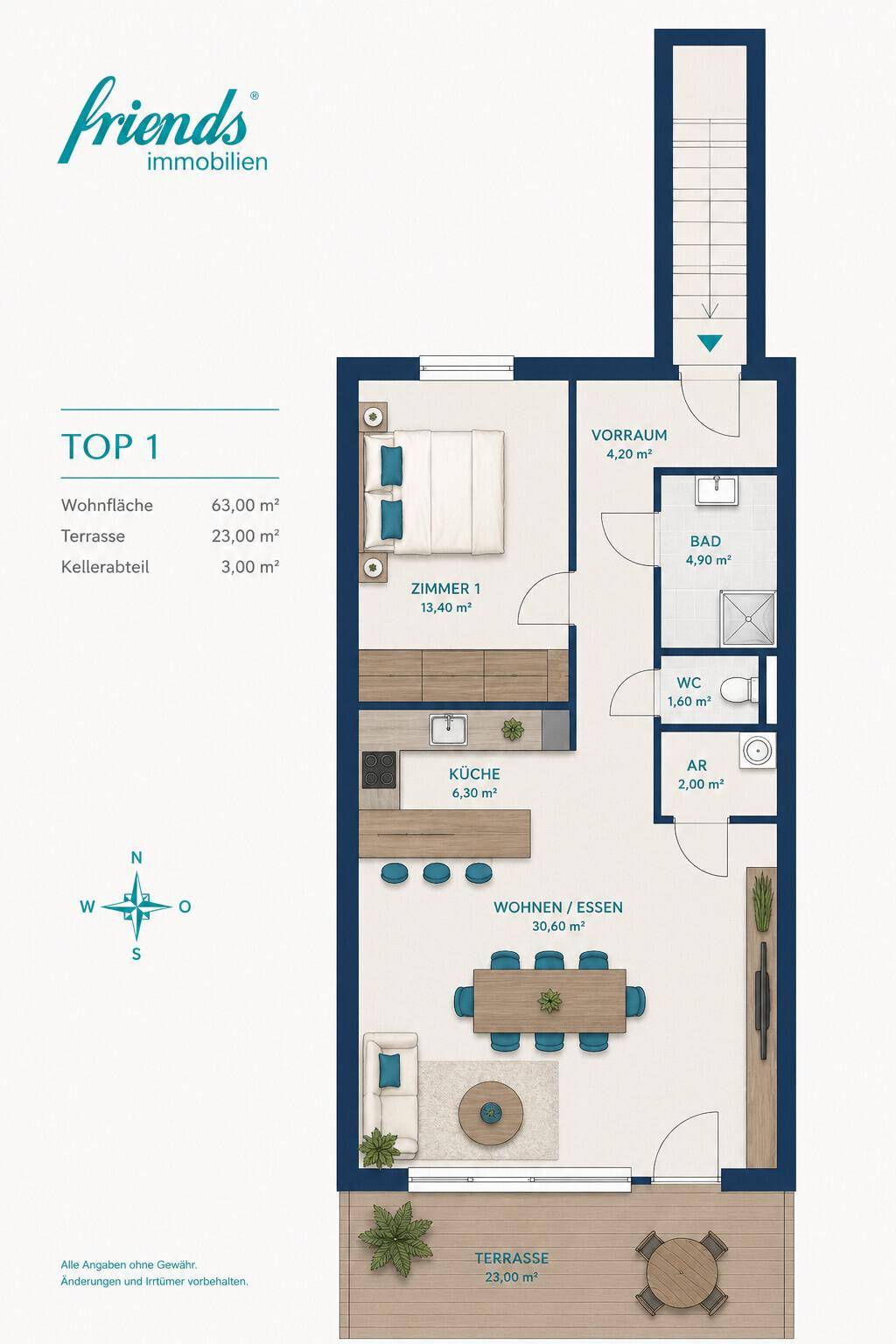 Detaillierter Grundriss der Wohnung Top 1 mit Terrasse, einem Schlafzimmer und offenem Wohnbereich.