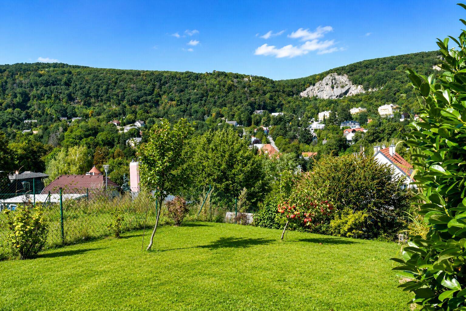 Gepflegter Gartenbereich mit Rasen und Obstbäumen, umgeben von grünen Hügeln und Häusern.