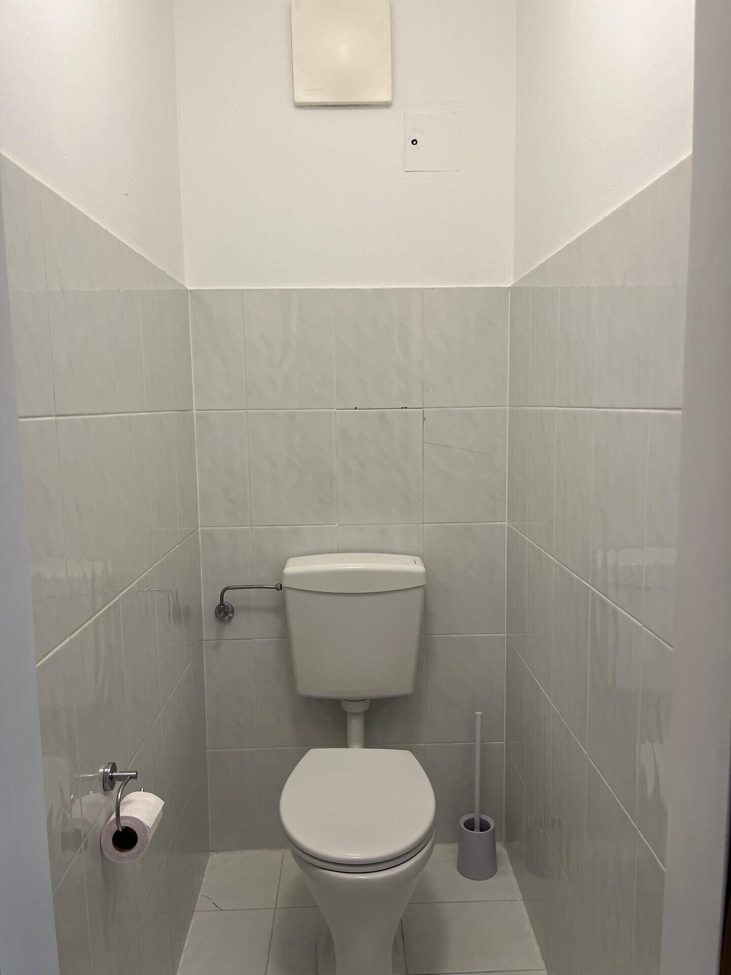Kleines Gäste-WC mit weißen Fliesen, wandmontierter Toilette und Lüftung.
