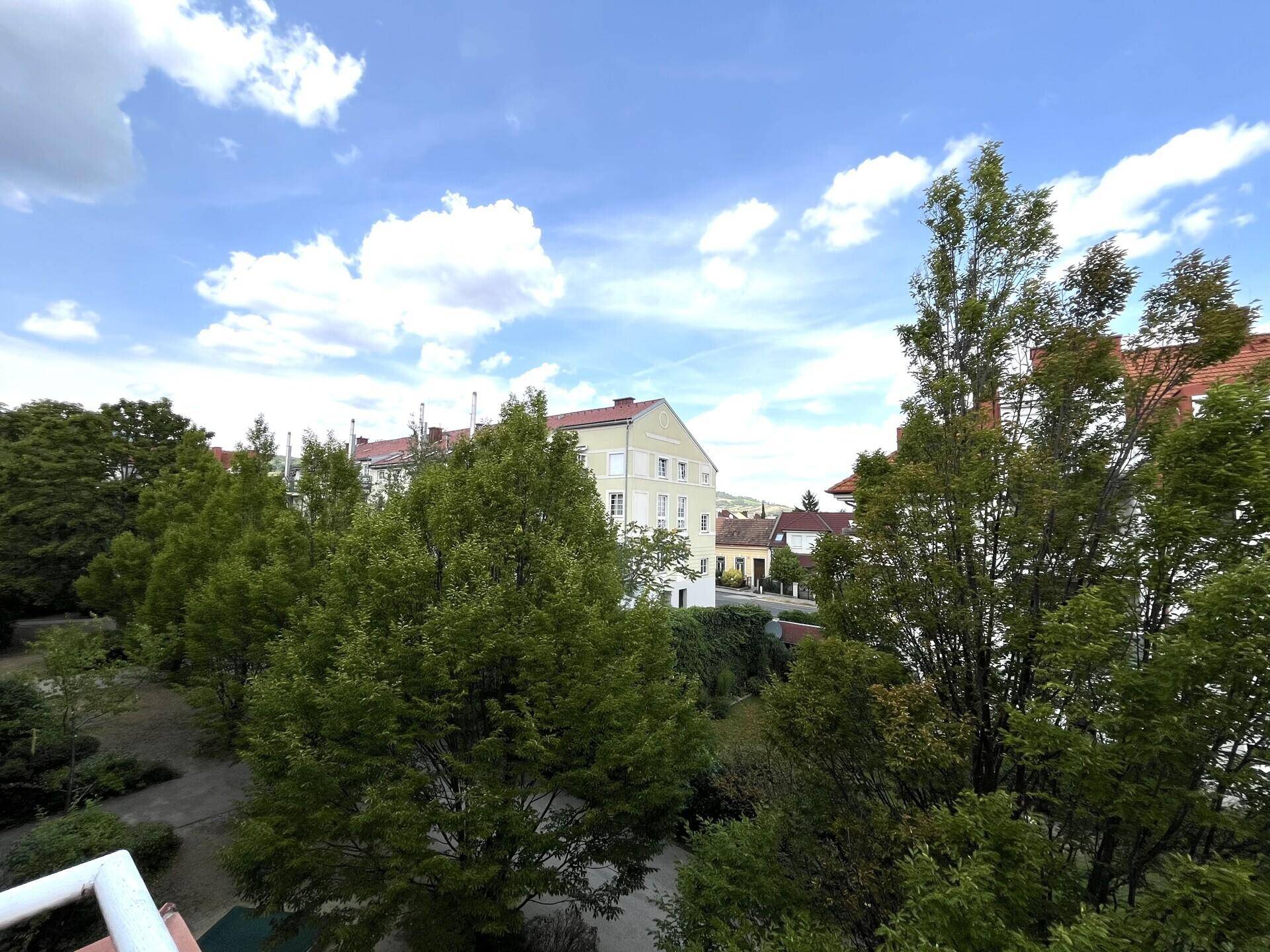 Weitläufiger Ausblick von einem Balkon auf grüne Bäume und Wohngebäude in einer ruhigen Umgebung.