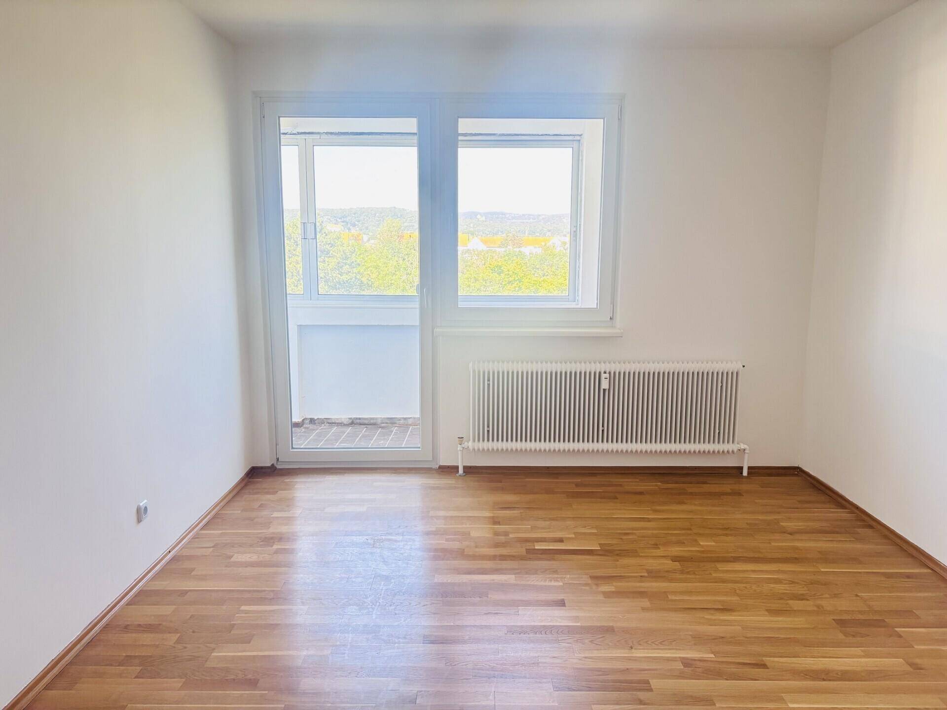 Leeres Zimmer mit Parkettboden, weiß gestrichenen Wänden und direktem Balkonzugang.