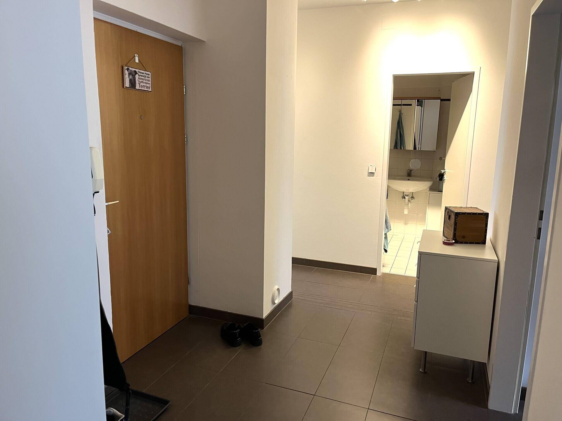 Eingangsbereich mit Holztür und Blick in den gefliesten Flur, der zum Badezimmer führt.