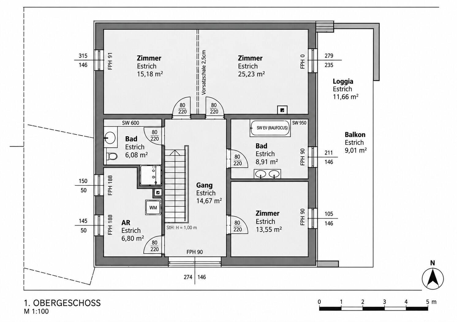Grundriss des ersten Obergeschosses mit mehreren Zimmern, zwei Bädern, einer Loggia und einem Balkon.