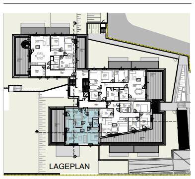 Lageplan einer modernen Wohnanlage mit mehreren Wohneinheiten und der umliegenden Bebauung.