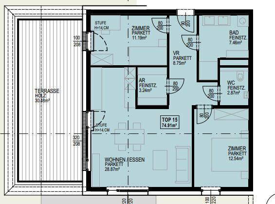 Grundriss einer Wohnung mit offenem Wohn-Essbereich, zwei Zimmern, Bad, WC und großer Holzterrasse.