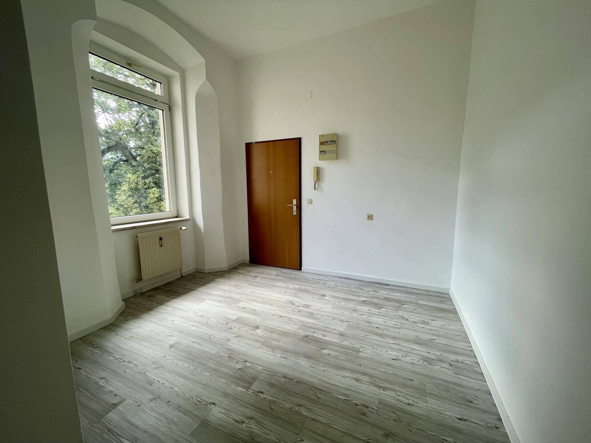 Leerer Raum mit hellem Laminatboden, großem Fenster und Zugangstür, ideal als Wohn- oder Schlafzimmer.