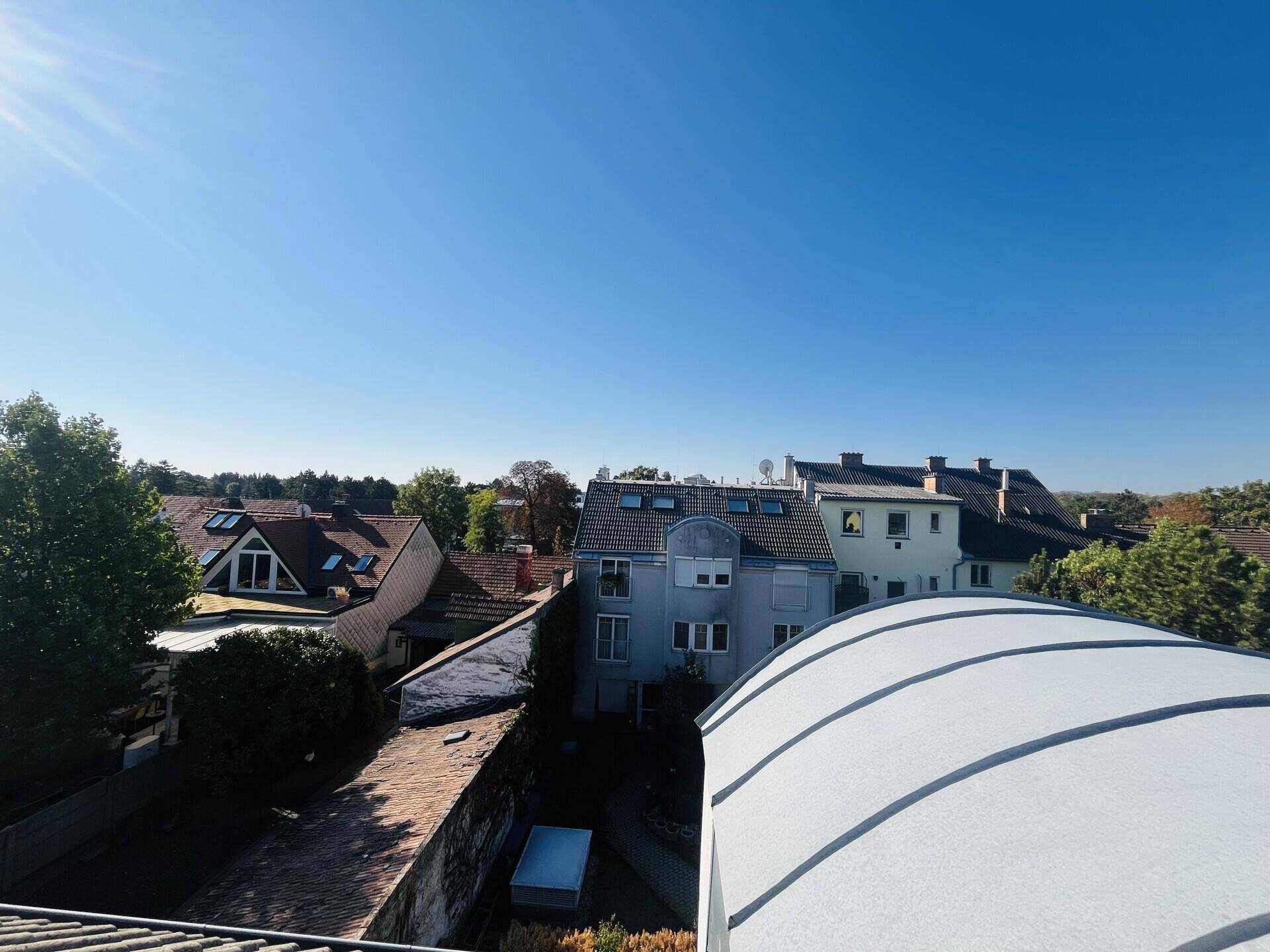 Panoramablick über die Dächer der umliegenden Häuser und Gärten.