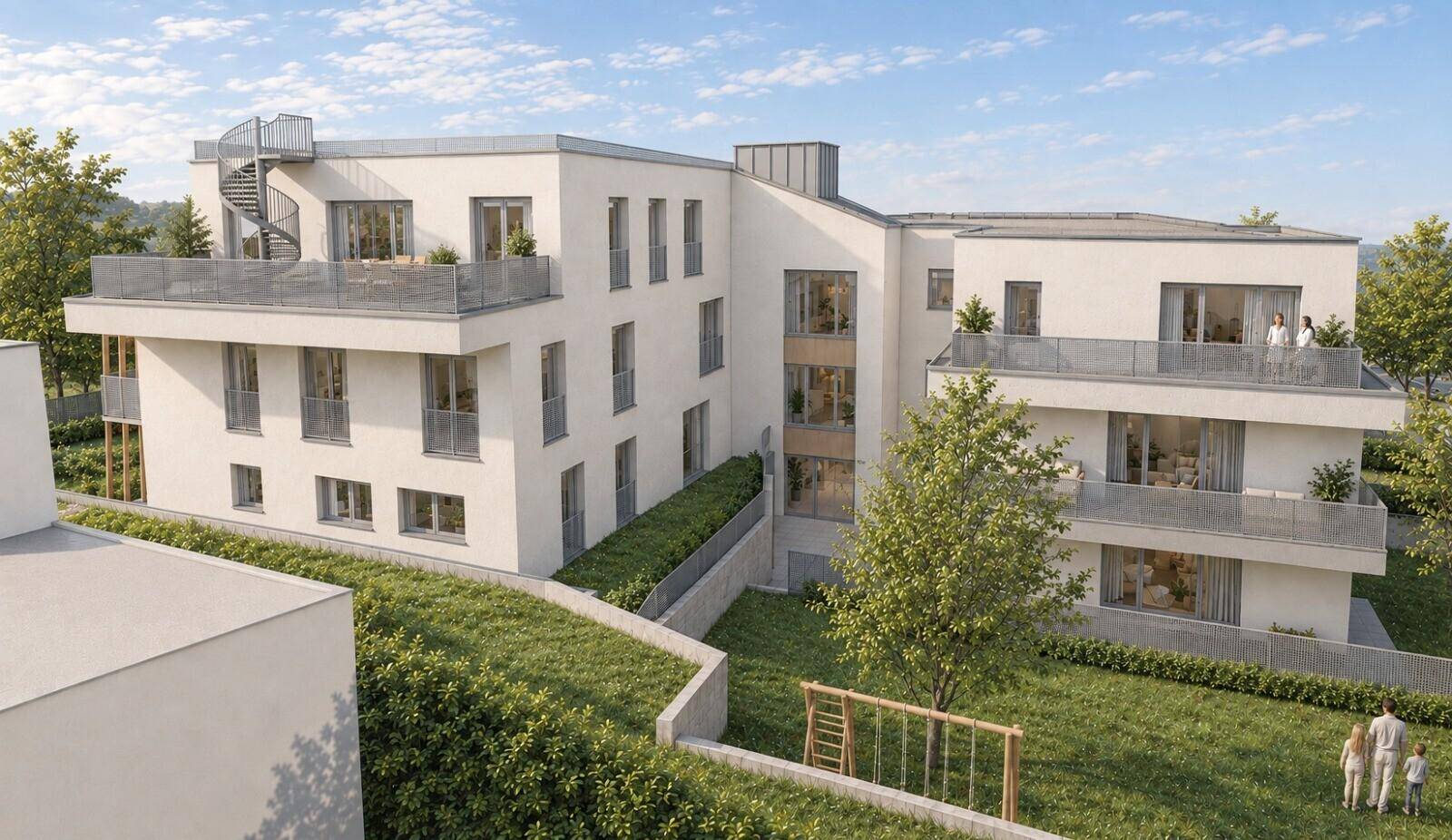 Moderne Wohnanlage mit Spielplatz und Außentreppe, umgeben von viel Grün und Bäumen.