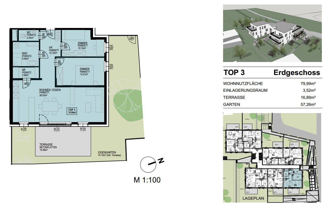 Grundriss für TOP 3 im Erdgeschoss mit offenem Wohn-Essbereich, zwei Zimmern, Terrasse und Garten.