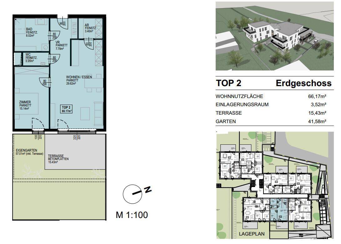 Grundriss für TOP 2 im Erdgeschoss mit Wohn-Essbereich, einem Zimmer, Terrasse und Garten.