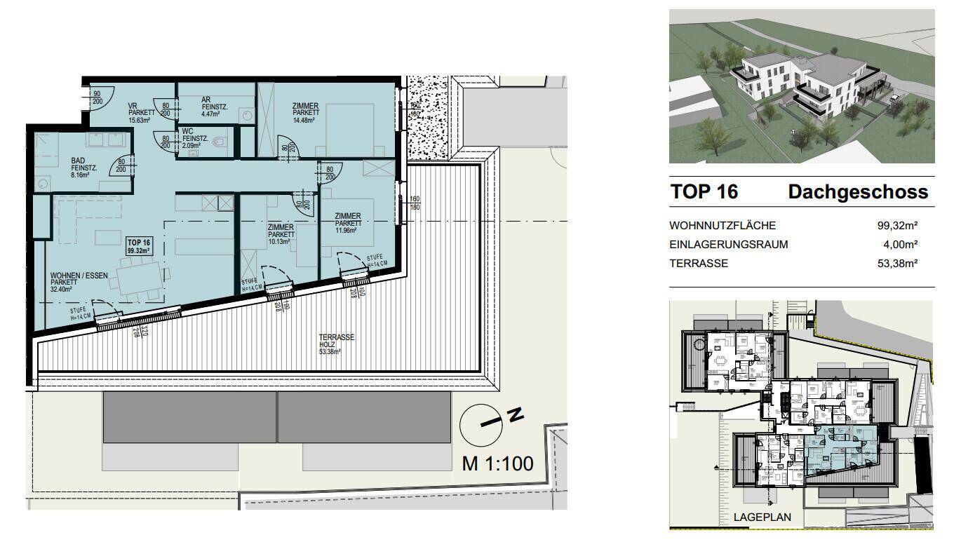Grundriss für TOP 16 im Dachgeschoss mit offenem Wohn-Essbereich, zwei Zimmern und großer Terrasse.