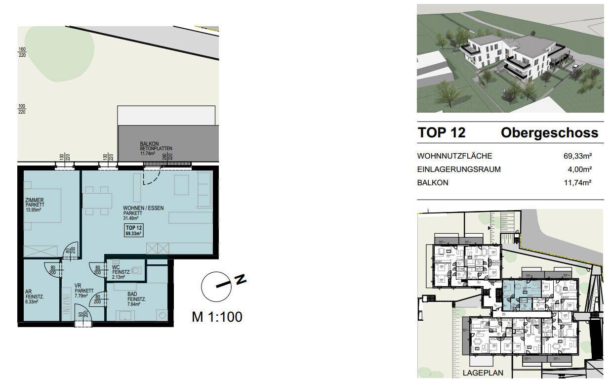 Grundriss für TOP 12 im Obergeschoss mit Wohn-Essbereich, einem Zimmer, Bad und Balkon.