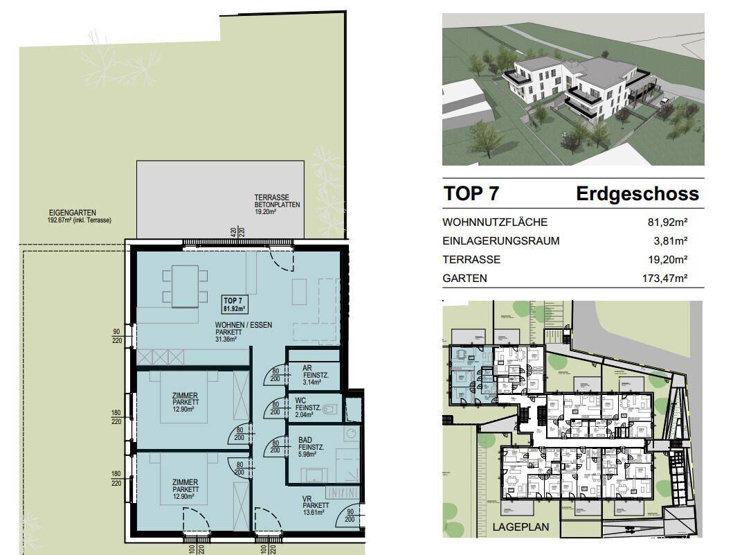 Grundriss für TOP 7 im Erdgeschoss mit offenem Wohn-Essbereich, zwei Zimmern, Terrasse und großem Garten.