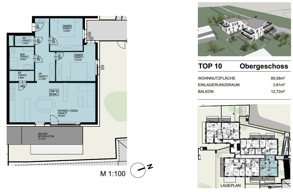 Grundriss für TOP 10 im Obergeschoss mit offenem Wohn-Essbereich, zwei Zimmern und Balkon.
