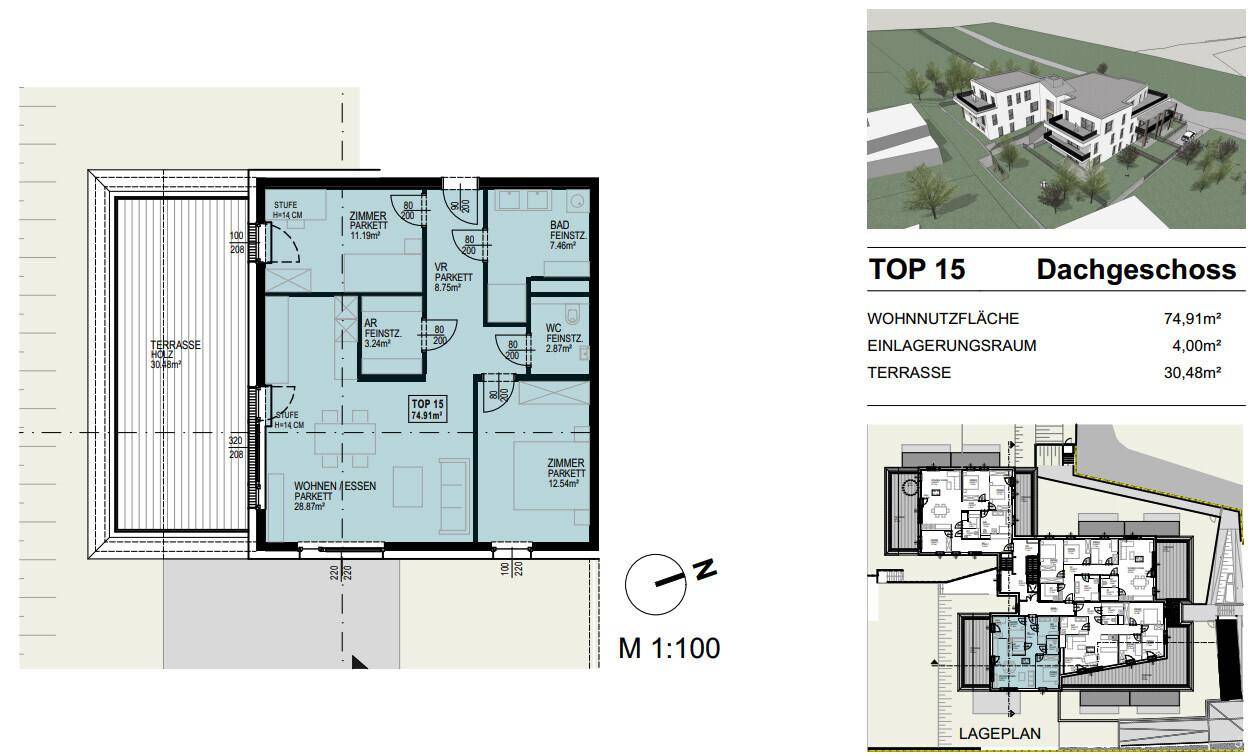 Grundriss für TOP 15 im Dachgeschoss mit offenem Wohn-Essbereich, zwei Zimmern und Terrasse.