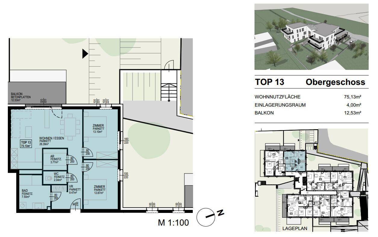 Grundriss für TOP 13 im Obergeschoss mit offenem Wohn-Essbereich, zwei Zimmern und Balkon.