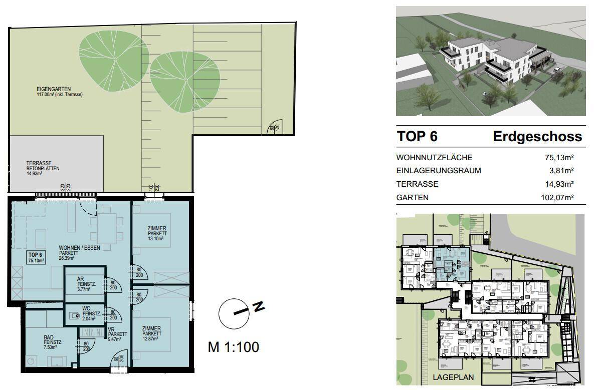 Grundriss für TOP 6 im Erdgeschoss mit offenem Wohn-Essbereich, zwei Zimmern, Terrasse und Garten.