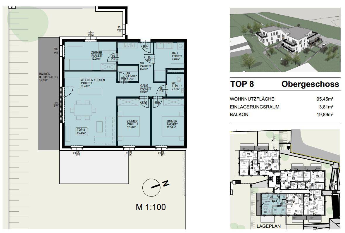 Grundriss für TOP 8 im Obergeschoss mit offenem Wohn-Essbereich, zwei Zimmern und Balkon.