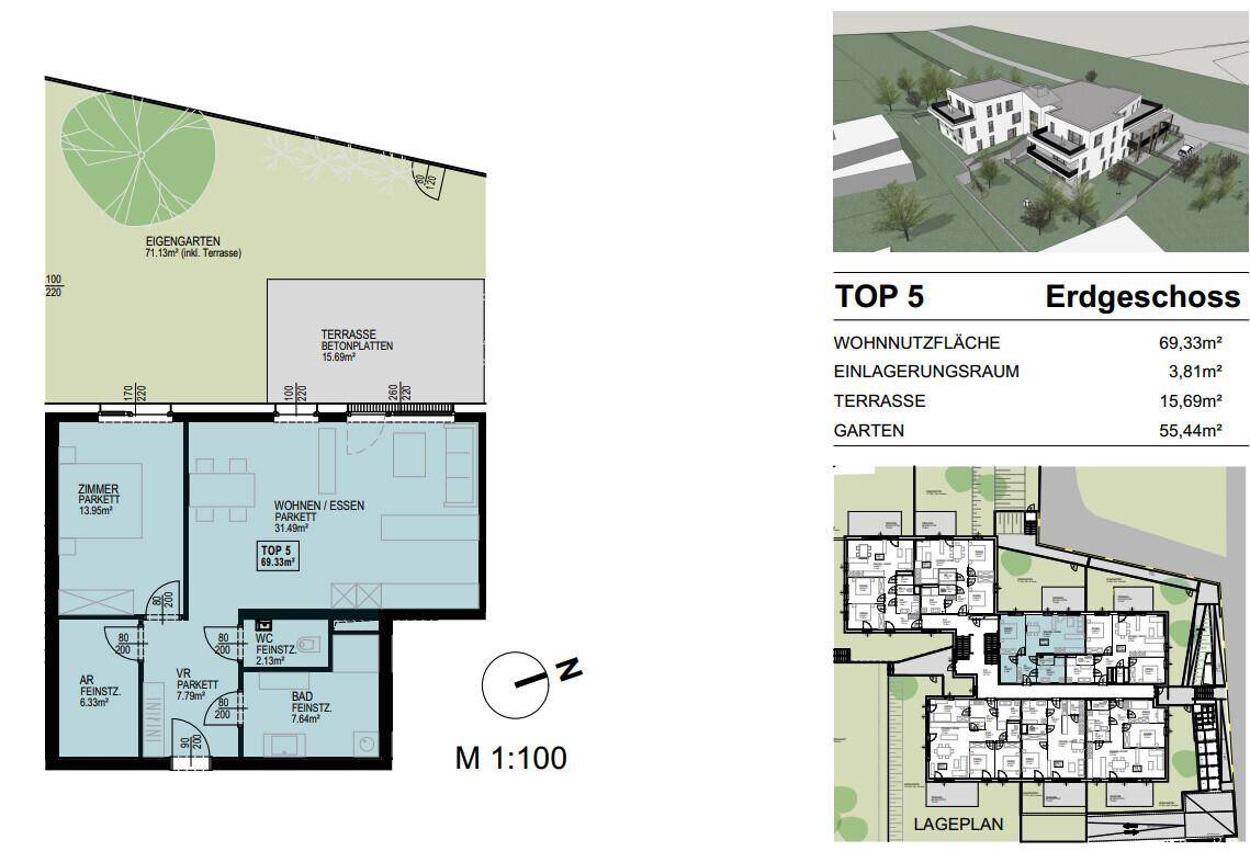 Grundriss für TOP 5 im Erdgeschoss mit Wohn-Essbereich, einem Zimmer, Terrasse und Garten.
