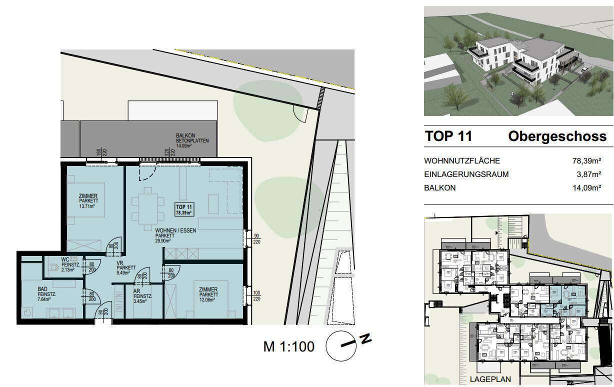 Grundriss für TOP 11 im Obergeschoss mit Wohn-Essbereich, zwei Zimmern, Bad und Balkon.