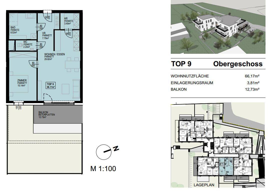 Grundriss für TOP 9 im Obergeschoss mit Wohn-Essbereich, einem Zimmer, Bad und Balkon.