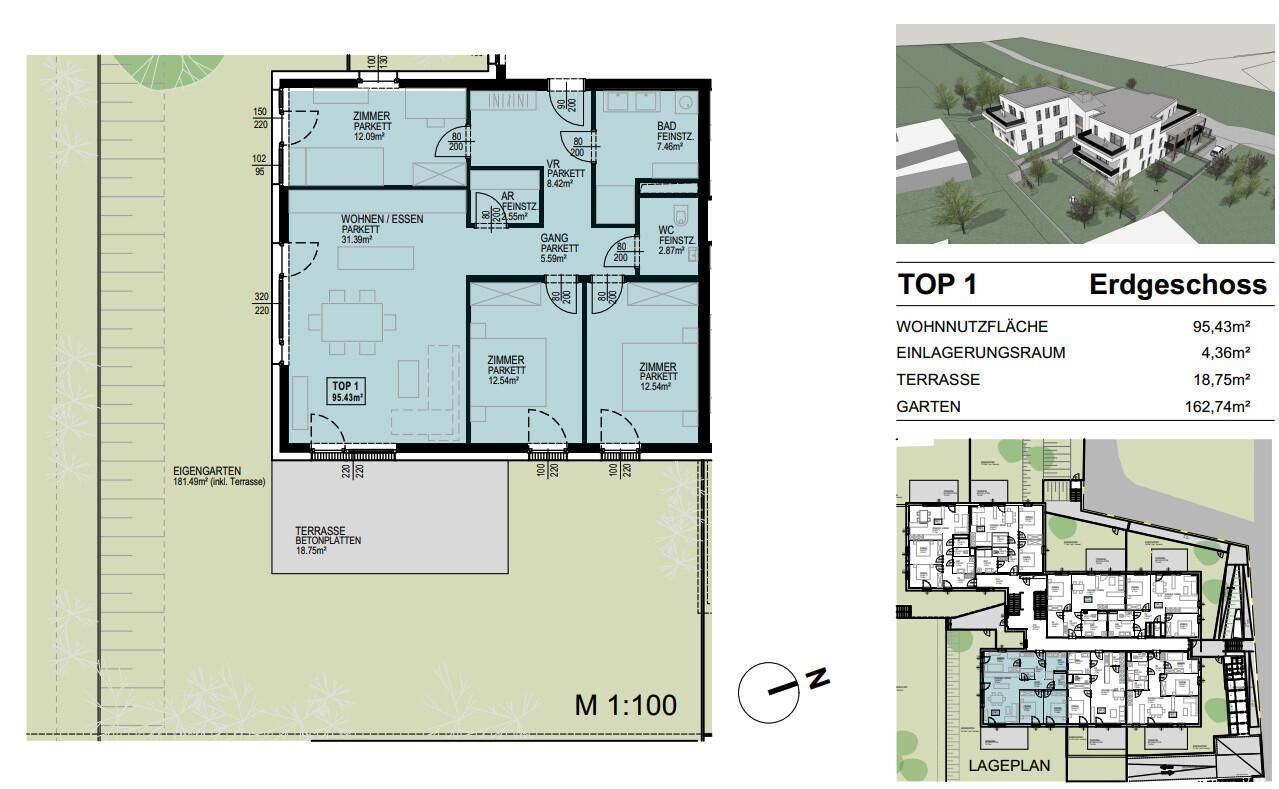 Grundriss für TOP 1 im Erdgeschoss mit offenem Wohn-Essbereich, Terrasse und großem Garten.