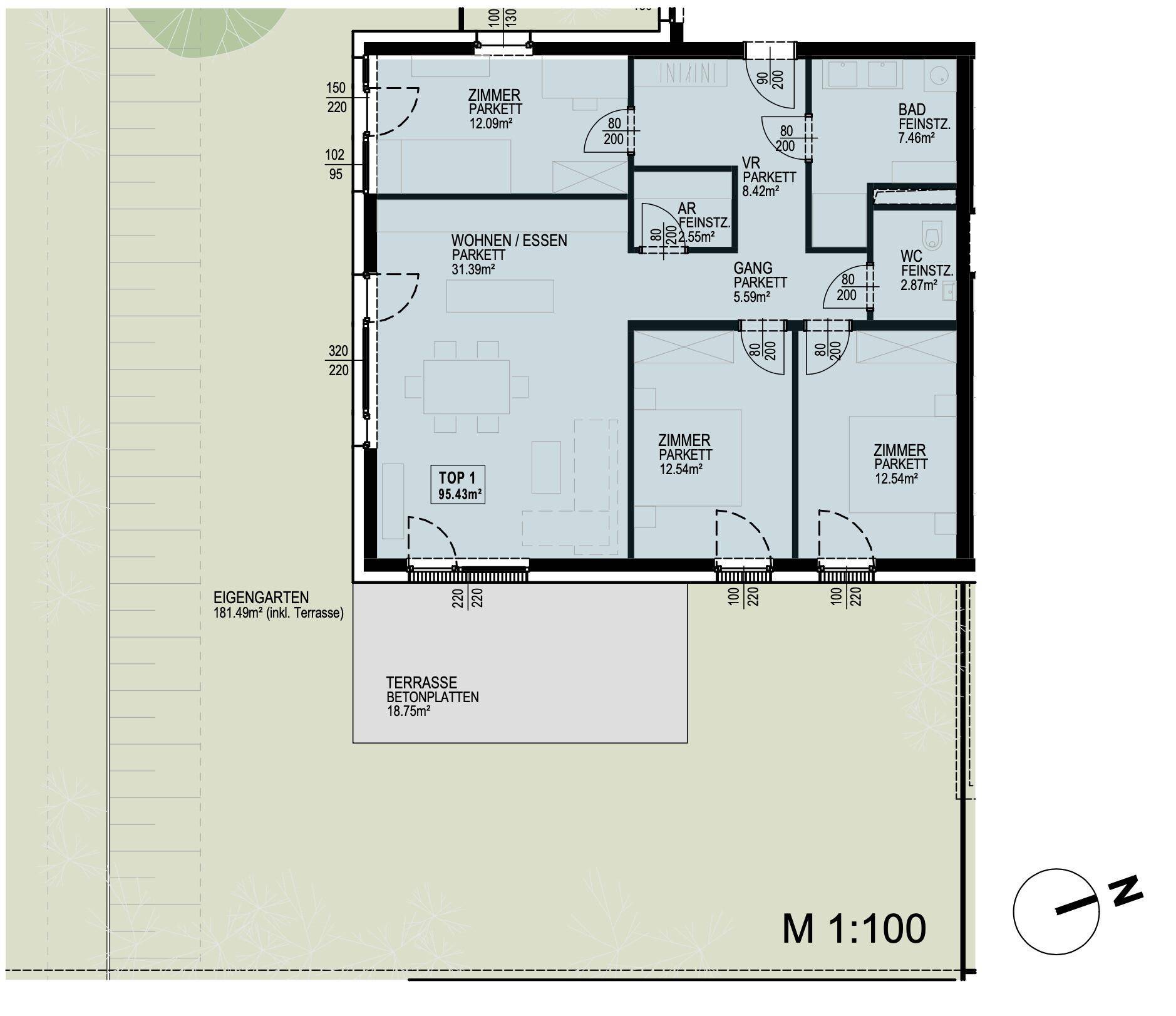 Detaillierter Grundriss einer Erdgeschosswohnung mit Wohn-Essbereich, drei Zimmern und Garten.