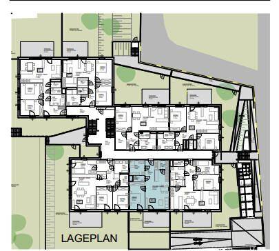 Lageplan der gesamten Wohnanlage mit mehreren Wohneinheiten und Außenbereichen.