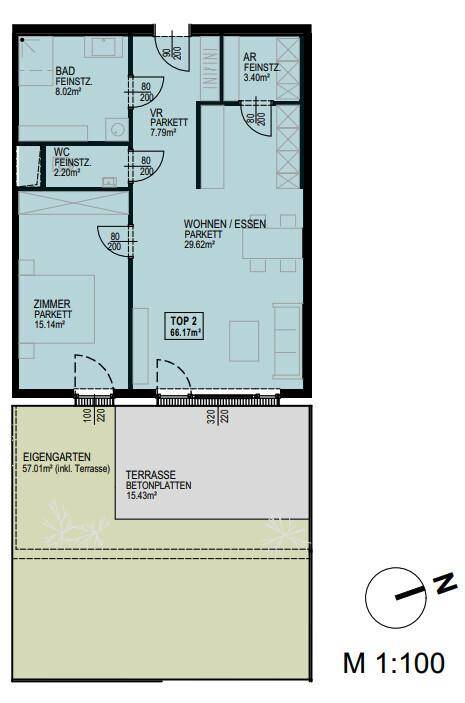 Grundriss der Erdgeschosswohnung Top 2 mit Wohn-Essbereich, Terrasse und Garten.